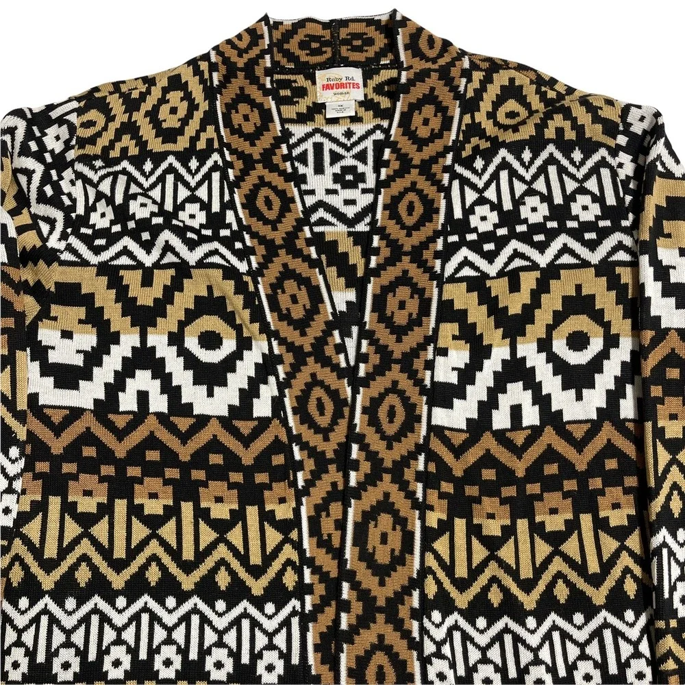Ruby‎ Rd Cardigan Sweater Womens1X Open Front Southwest Brown USA-Made